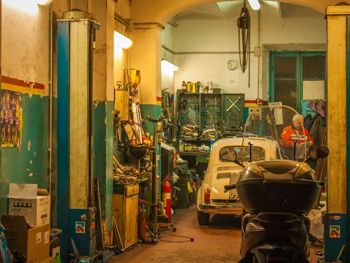 The workshop bays, with a car in for repair